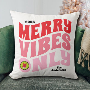 Merry Vibes Only Pink Green Family Christmas Cushion