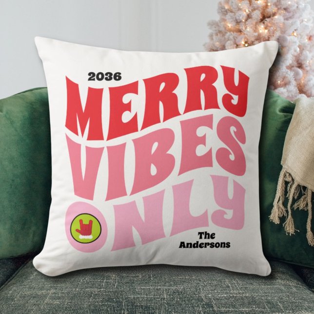 Merry Vibes Only Pink Green Family Christmas Cushion (Merry Vibes Only Pink Green Family Christmas Throw Pillow)