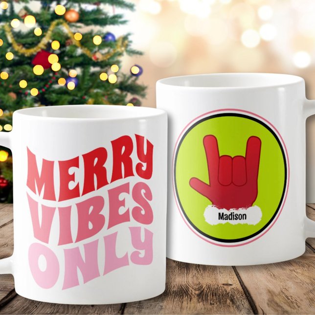 Merry Vibes Only Pink Green Name Cool Christmas Coffee Mug (Merry Vibes Only Pink Green Name Cool Christmas Coffee Mug)