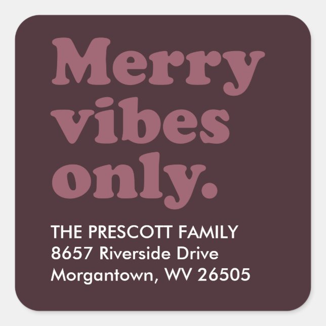 Merry vibes only retro berry return address square sticker (Front)