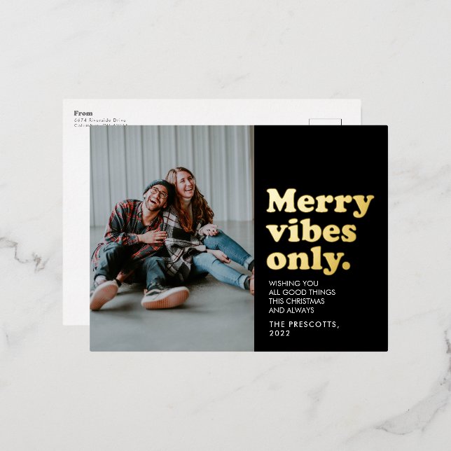 Merry vibes only retro black gold Christmas Foil Holiday Postcard (Front/Back)