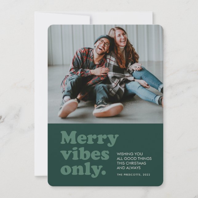 Merry vibes only retro green photo holiday card (Front)