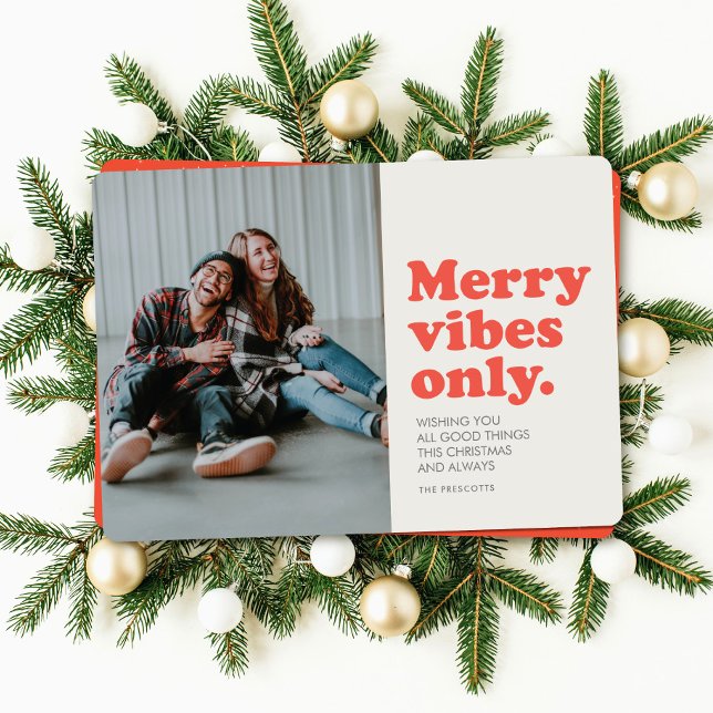 Merry vibes only retro holiday photo card (Creator Uploaded)