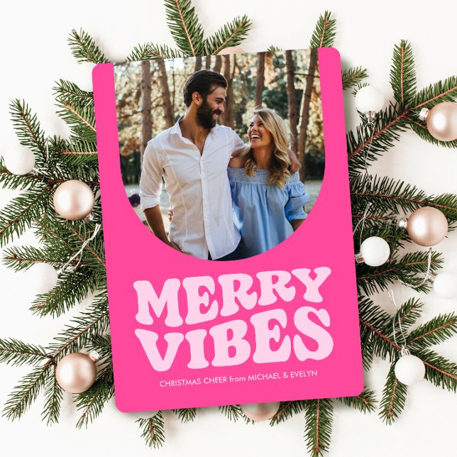 Merry vibes retro fun hot pink photo Christmas Holiday Card (Creator Uploaded)