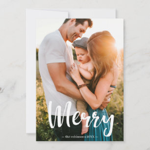 Merry White Script Overlay Photo Collage Family Holiday Card