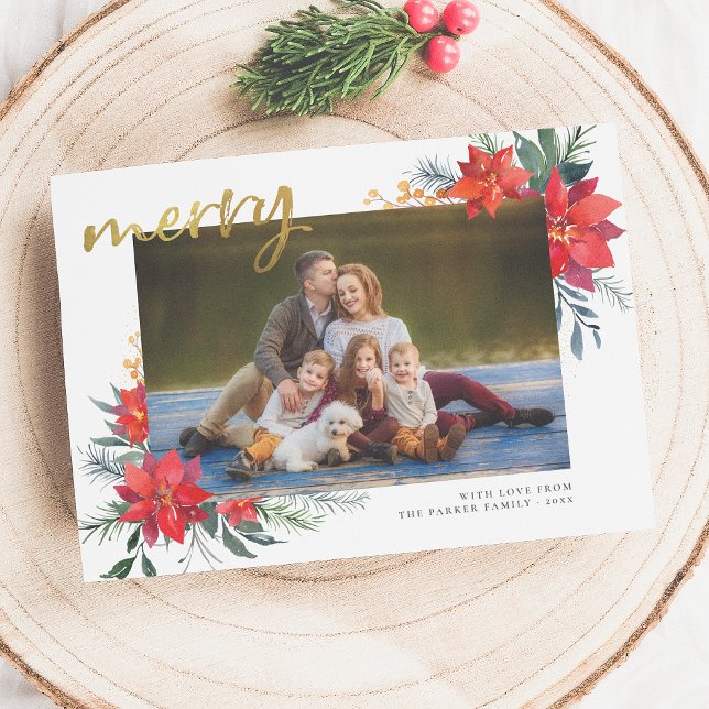 Merry | Winter Poinsettia & Pine Holiday Photo (Creator Uploaded)