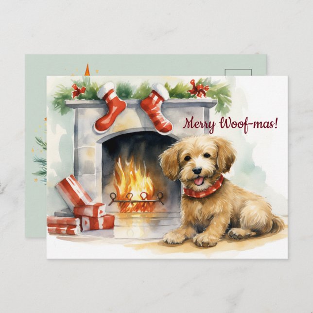 Merry Woof-mas Dog Fireplace Christmas Postcard (Front/Back)