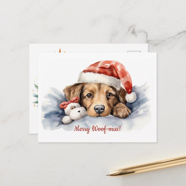 Merry Woof-mas Dog Santa Hat Christmas Postcard (Front/Back In Situ)