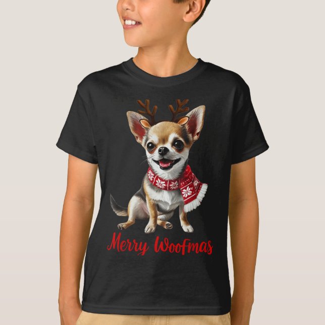 Merry Woofmas Chihuahua Dog Meme In Reindeer Antle T-Shirt (Front)