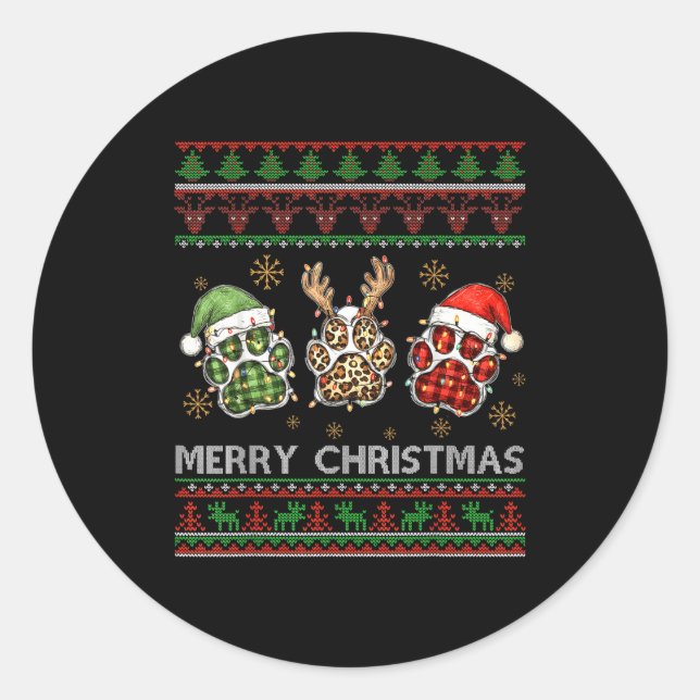Merry Woofmas Christmas Dog Paws Leopard Ugly Swea Classic Round Sticker (Front)