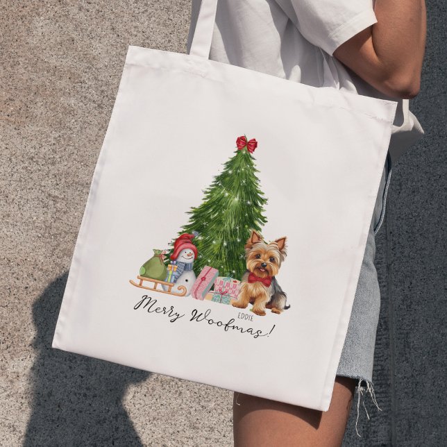 Merry Woofmas Christmas Gift with Yorkie Name Tote Bag (Cute Christmas Gift Yorkie Tote Bag with custom name. Merry Woofmas. Merry Christmas. Yorkshire terr)