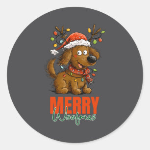 Merry Woofmas Dog Cute Christmas Lights Puppy Long Classic Round Sticker