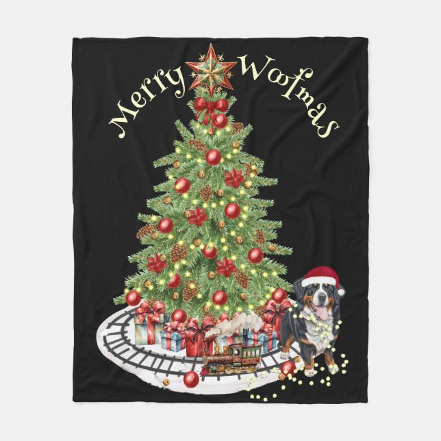 Merry Woofmas Dog Design- Bernese Mountain Dog Fleece Blanket (Front)