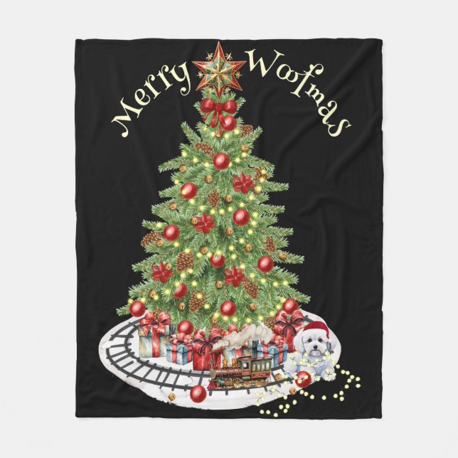 Merry Woofmas Dog Design- Bichon Frise Fleece Blanket (Front)