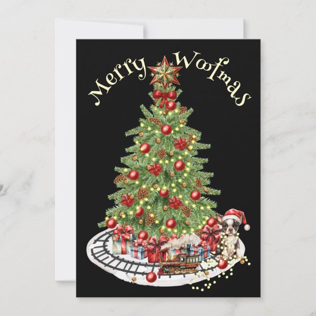 Merry Woofmas Dog Design- Boston Terrier Holiday Card (Front)
