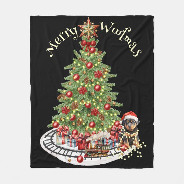 Merry Woofmas Dog Design- Rottweiler Fleece Blanket (Front)