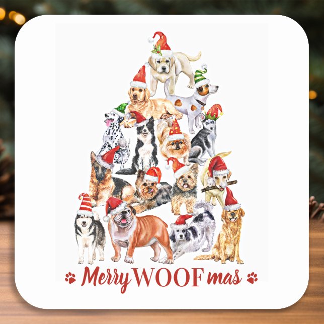 Merry Woofmas Dog Lover Christmas Tree Dogs Square Sticker (Creator Uploaded)