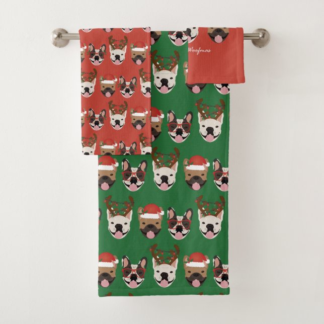 Merry Woofmas French Bulldogs Christmas Heads Bath Towel Set (Insitu)