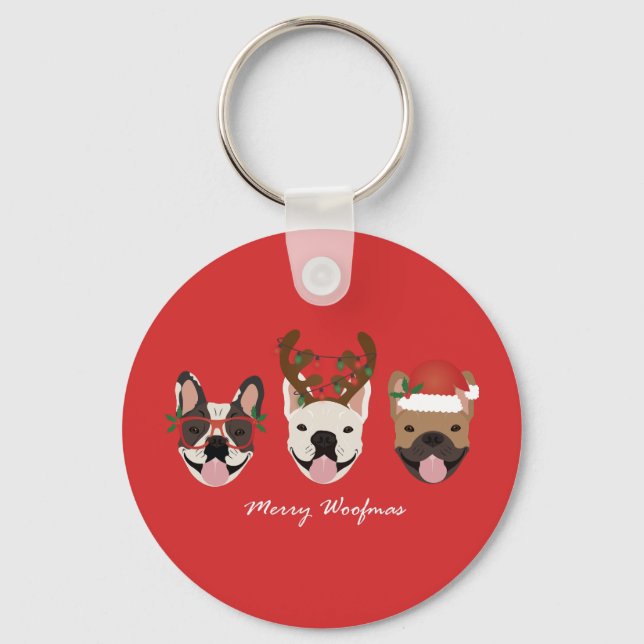 Merry Woofmas French Bulldogs Christmas Heads Key Ring (Front)