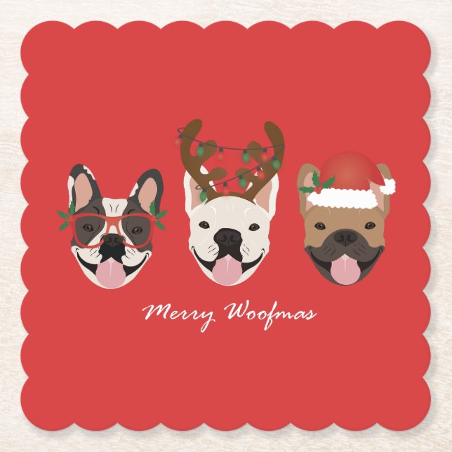 Merry Woofmas French Bulldogs Christmas Heads Paper Coaster (Front)