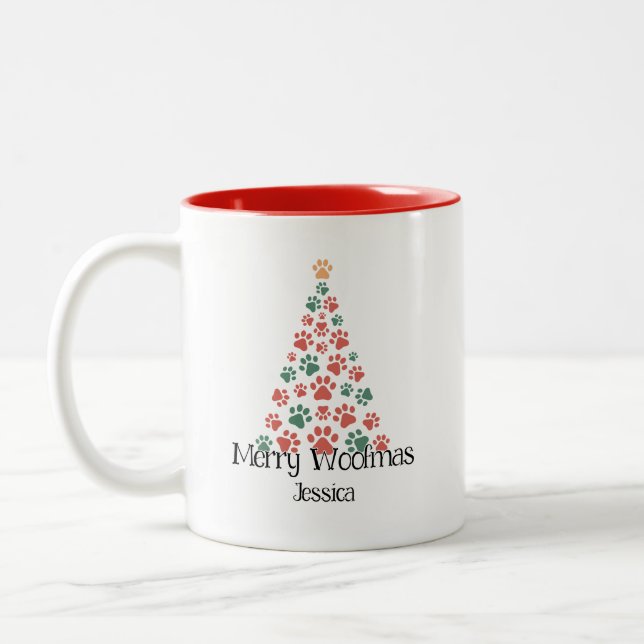Merry Woofmas Mug – Paw Print Christmas Tree Cup  (Left)