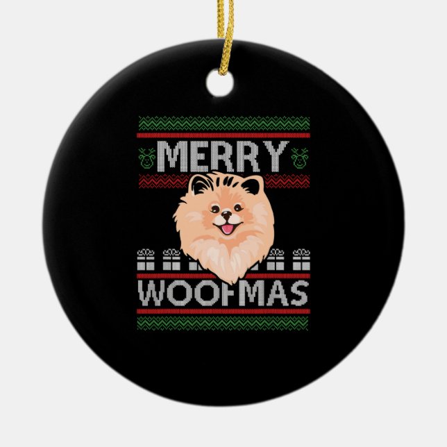 Merry Woofmas Pomeranian Christmas Dog Lover Gift  Ceramic Tree Decoration (Front)