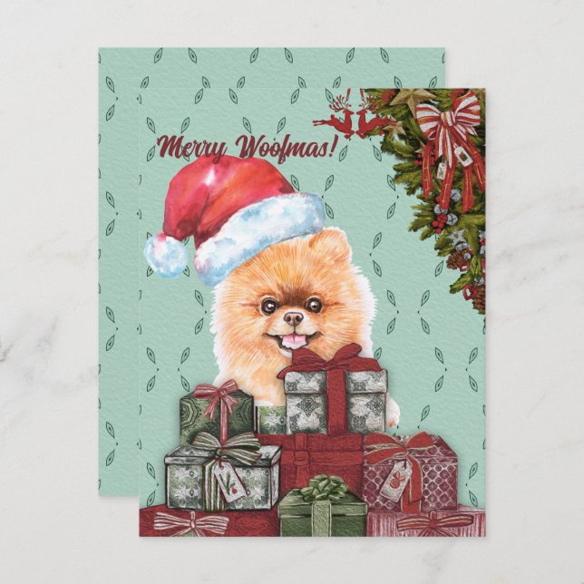 Merry Woofmas! Pomeranian Dog Santa Hat Christmas Card (Front/Back)