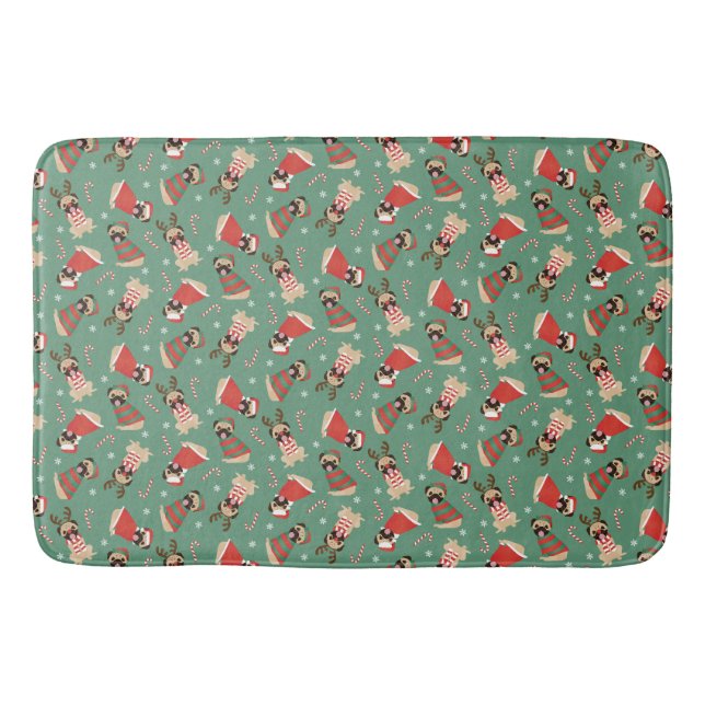 Merry Woofmas Pug Dogs Bath Mat (Front)