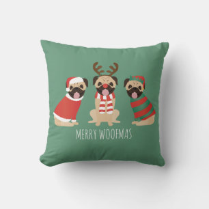 Merry Woofmas Pug Dogs Cushion