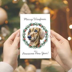 Merry Woofmas Watercolor Dachshund Wreath Holiday Card