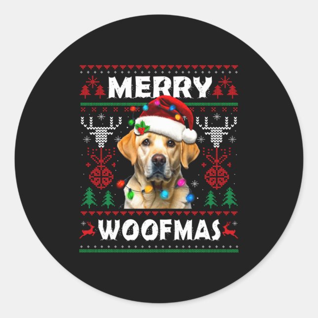 Merry Woofmas Yellow Labrador Christmas Ugly Sweat Classic Round Sticker (Front)