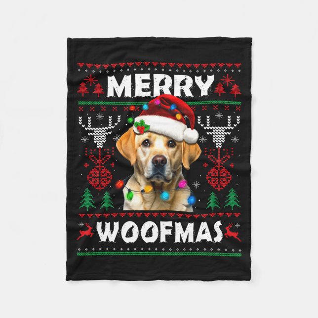 Merry Woofmas Yellow Labrador Christmas Ugly Sweat Fleece Blanket (Front)