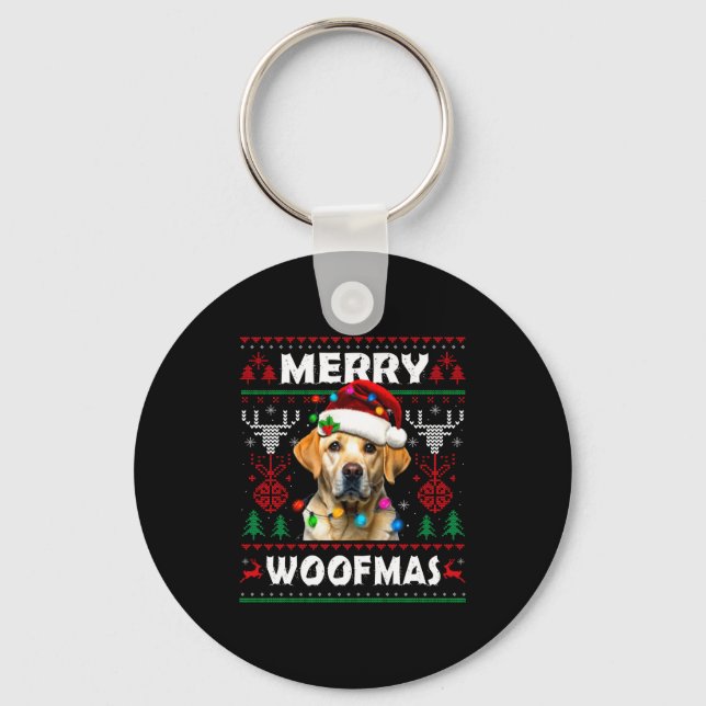 Merry Woofmas Yellow Labrador Christmas Ugly Sweat Key Ring (Front)