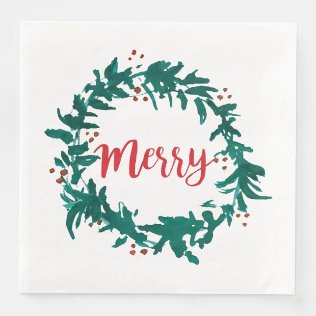 Merry Wreath Berry Red Script Christmas Napkin (Front)