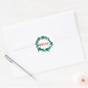 Merry Wreath with Berries Script Classic Round Sticker