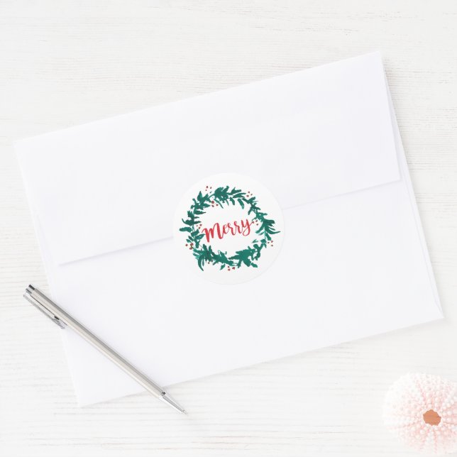 Merry Wreath with Berries Script Classic Round Sticker (Envelope)