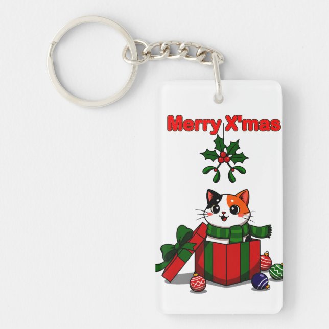 “Merry X’mas” Whimsical Holiday Greeting Design Key Ring (Front)