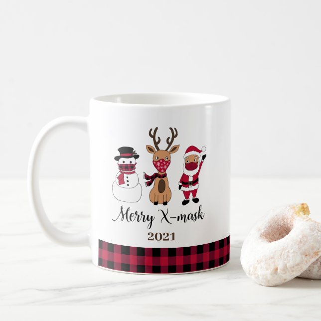 Merry X-Mask Funny Buffalo Plaid Santa Coffee Mug (With Donut)