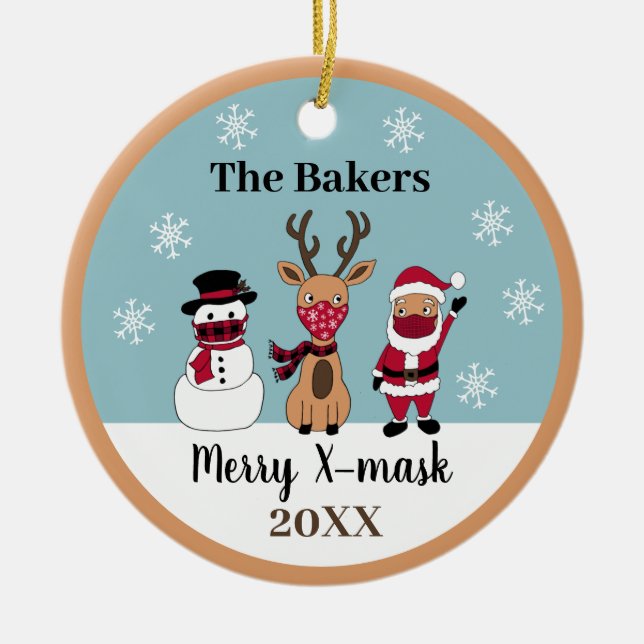Merry X-Mask Funny Reindeer Snowman Santa Ceramic Tree Decoration (Front)