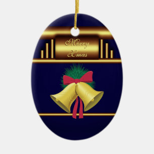 Merry Xmas Bells on Brass and Blue Ceramic Tree Decoration