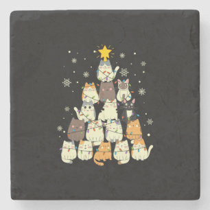 Merry Xmas Cat Christmas Tree Stone Coaster