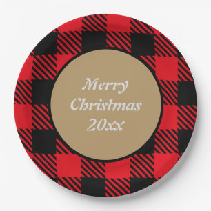 Merry Xmas Custom Buffalo plaid pattern black red Paper Plate