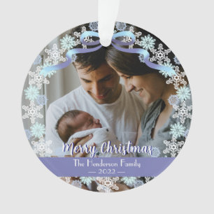 Merry Xmas Family Photo Name Light Blue Purple Ornament
