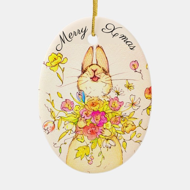 Merry Xmas flower&rabbit Ceramic Tree Decoration (Front)