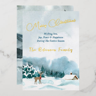 Merry Xmas Gold Letters Watercolor Winter Scape