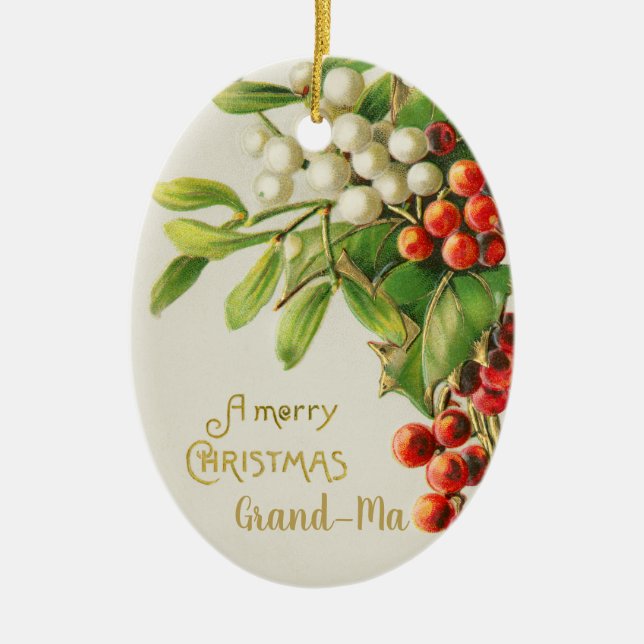 Merry Xmas Grandma Berries Ceramic Tree Decoration (Front)