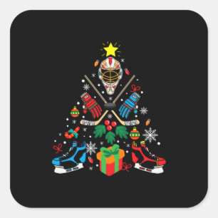 Merry Xmas Ice Hockey Christmas Tree Square Sticker