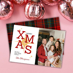 Merry xmas modern 1 family photo cute red plaid  holiday card