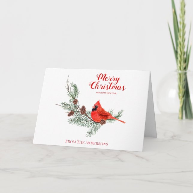 Merry Xmas Monogram Watercolor Pine Cardinal Bird Card (Front)
