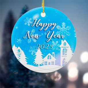 Merry Xmas  New Year 2023 Purple White House Snow  Ceramic Tree Decoration